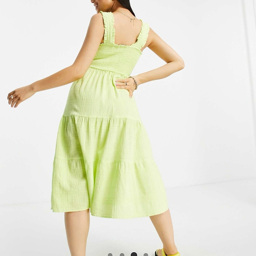 New Look Petite shirred tiered midi dress in green from ASOS